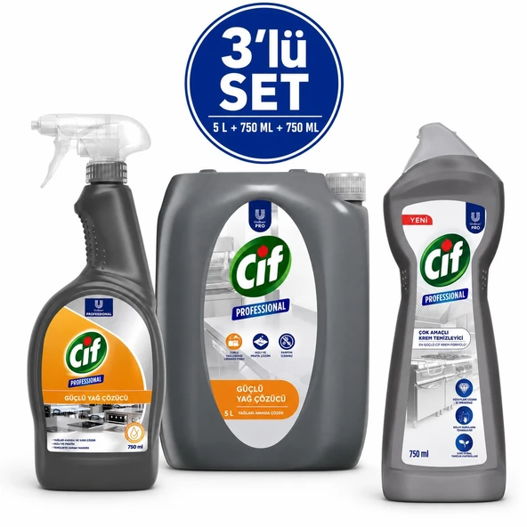 U-Pro Cif Yağ Çözücü 5 L + Yağ Çözücü Sprey 750 ML + Krem Temizleyici 750 ML 3’lü Profesyonel Mutfak Temizlik Seti ürün görseli 1
