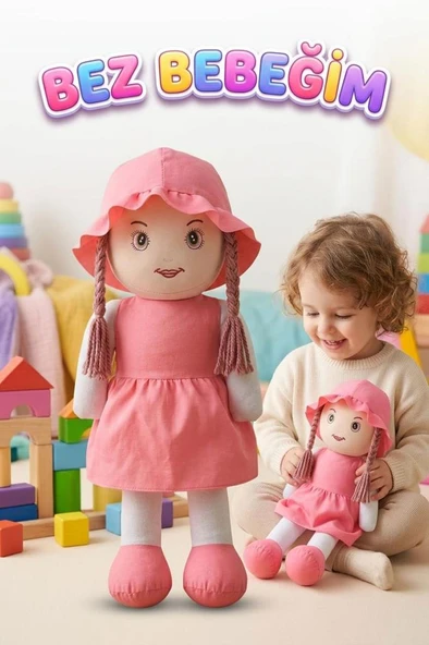 Ayşe Bebek! 58cm Dev El Yapımı Renkli Şapkalı ve Elbiseli Oyun Arkadaşı Oyuncak Bez Bebek ürün görseli 1