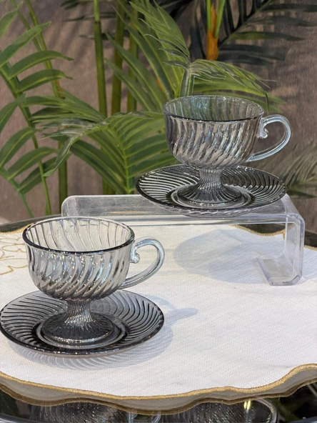 6 lı Lüks Füme/Şeffaf Cam Çay ve Kahve Fincanı Takımı Vintage Çizgili Ayaklı Kahve Sunum Seti ürün görseli 1