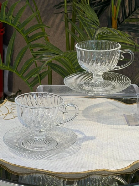 6 lı Lüks Füme/Şeffaf Cam Çay ve Kahve Fincanı Takımı Vintage Çizgili Ayaklı Kahve Sunum Seti ürün görseli 1