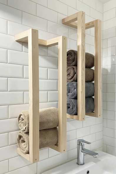 Nest WoodTr Doğal Masif Ham Ahşap Havluluk  Dekoratif Banyo Rafı  Banyo Havlu Düzenleyici 60x20cm (1 adet) ürün görseli 1