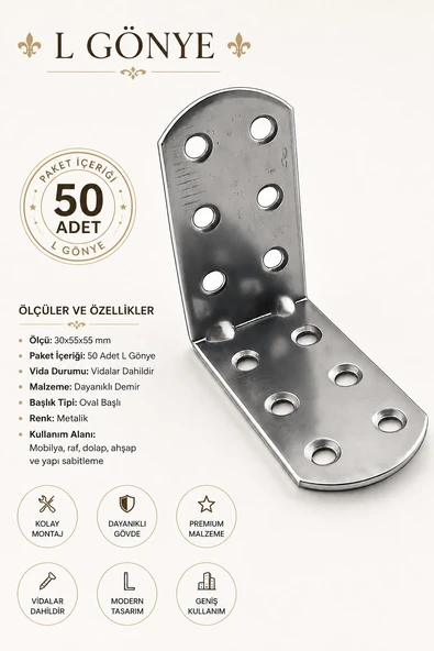 Oval Başlı L Demir Gönye 30x55x55 mm Vida Dahil Dayanıklı Metal Köşe Bağlantı Aparatı (50 Adet) ürün görseli 1