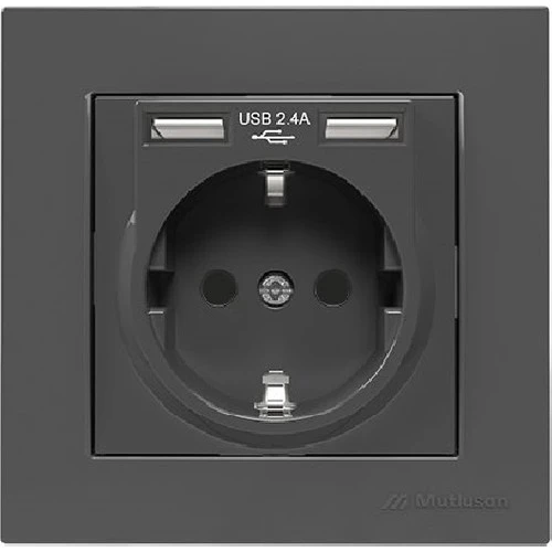 RİTA FÜME ÇERÇEVELİ İKİLİ USB'Lİ TOPRAKLI PRİZ ürün görseli 1