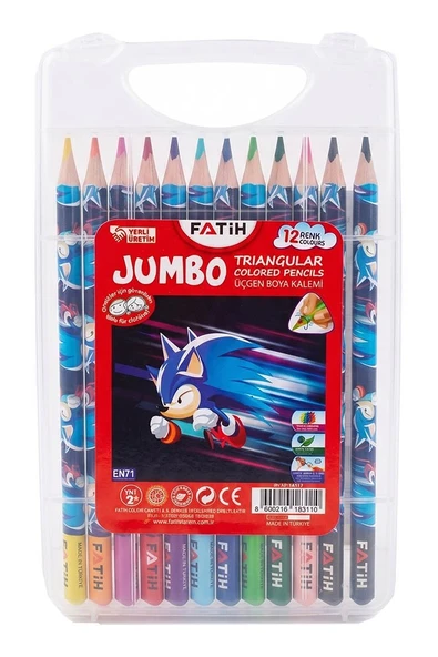 12 li Jumbo Kuru Boya Kalemi Plastik Kutu 1 Paket Fatih Sonic Figürlü Kalın 12 Renk Kuruboya Tam Boy Renkli Kalem ürün görseli 1