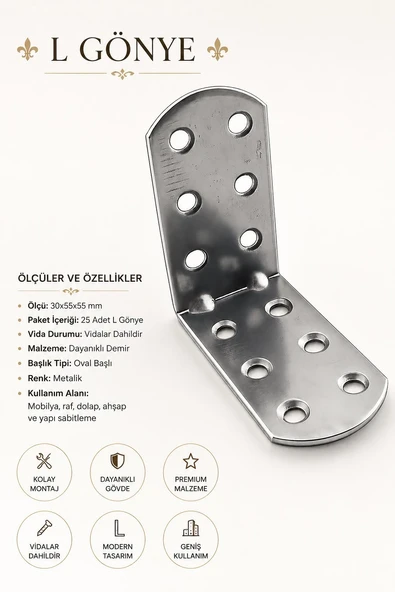 (25 Adet) Oval Başlı L Demir Gönye 30x55x55 mm Dayanıklı Metal Bağlantı Aparatı Köşe Sabitleme ürün görseli 1