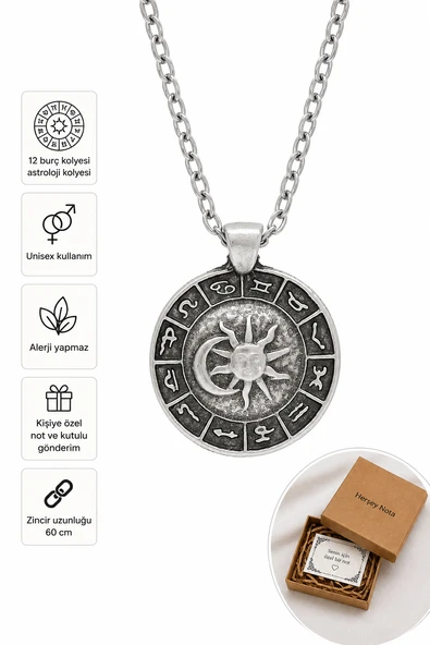 12 Burç Astroloji Kolyesi Unisex 60 cm Zincirli Metal Aksesuar ürün görseli 1