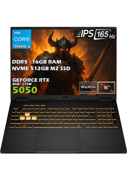 Asus TUF F16 FX608JH-RV010-Gaming Intel Core i5-13450HX 16GB 512GB SSD RTX 5050 8GB 16" FHD+ WUXGA 165Hz IPS Panel Taşınabilir Dizüstü Bilgisayar ürün görseli 1
