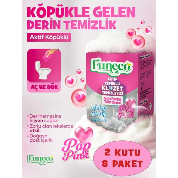 FUNECO POP PINK – Klozet Tuvalet WC Temizleyici, Avantajlı Set, 2 Kutu, 8 Paket Aktif Köpüklü, Ekolojik ürün görseli 1