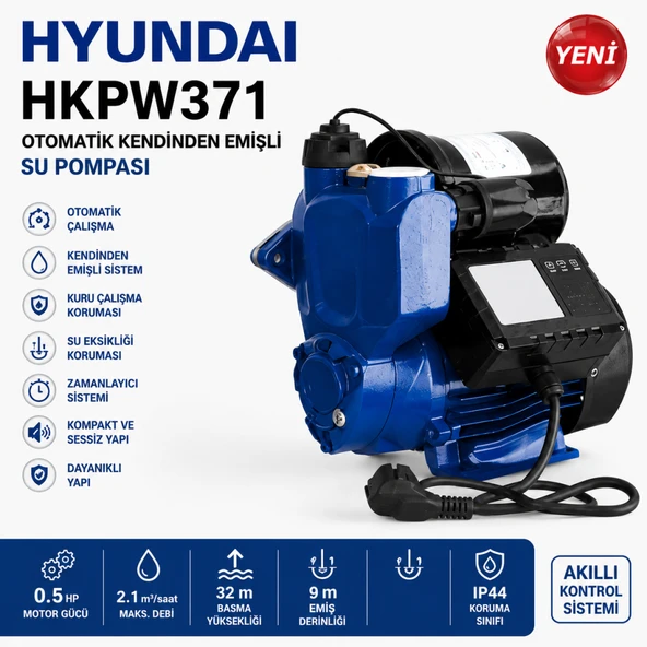 Hyundai HKPW371 Otomatik Kendinden Emişli Su Pompası 0.5 HP Hidrofor Bahçe Su Motoru ürün görseli 1