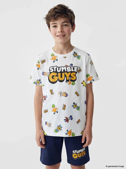 LCW Kids Beyaz Stumble Guys Baskılı Erkek Çocuk Şortlu Pijama Takımı ürün görseli 1