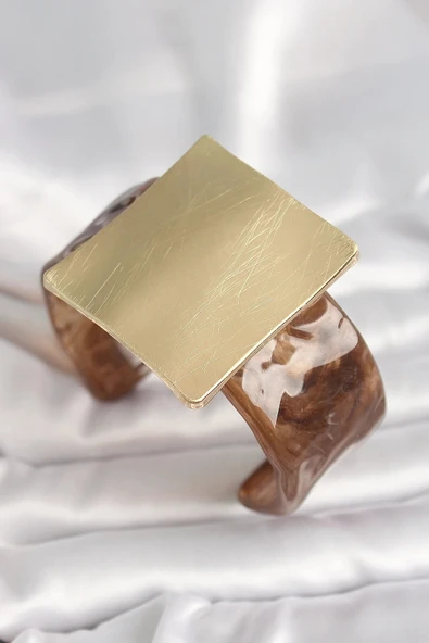 Kahverengi Mermer Desen Akrilik Plastik Gold Kare Plaka Model Vintage Kadın Bilezik ürün görseli 1