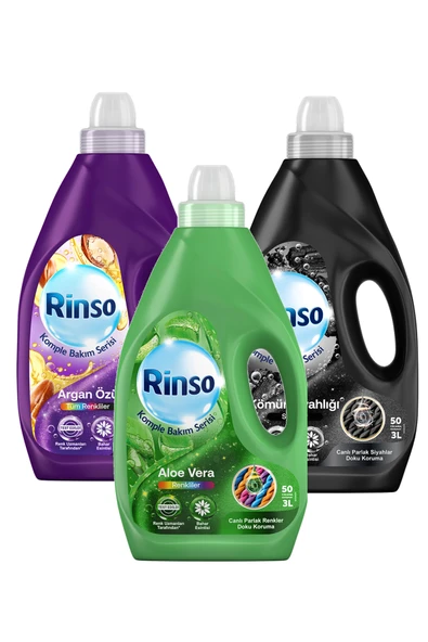 Rinso üçü birarada-Komple Bakım Sıvı Deterjanı 3 lt Argan Özü ve 3 lt Aloe Vera ve 3 lt Kömür Siyahlığı ürün görseli 1