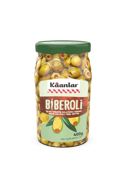 Kaanlar 400 GR Biberoli Zeytin Salamura Kırmızı Biber Dolgulu Yeşil Zeytin 182-230 ürün görseli 1