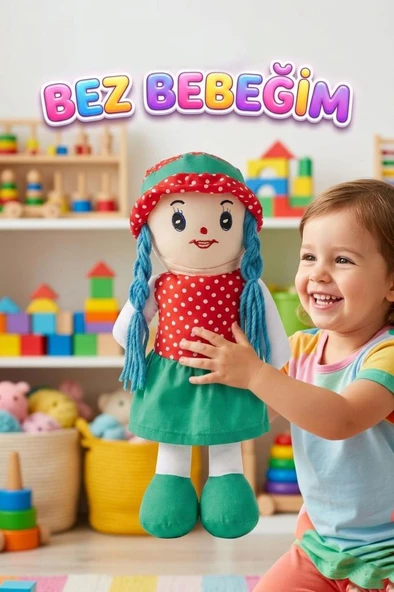Fatma Bebek! 48cm Büyük Puantiye Desenli Elbiseli ve Şapkalı El Yapımı Oyuncak Bez Bebek ürün görseli 1