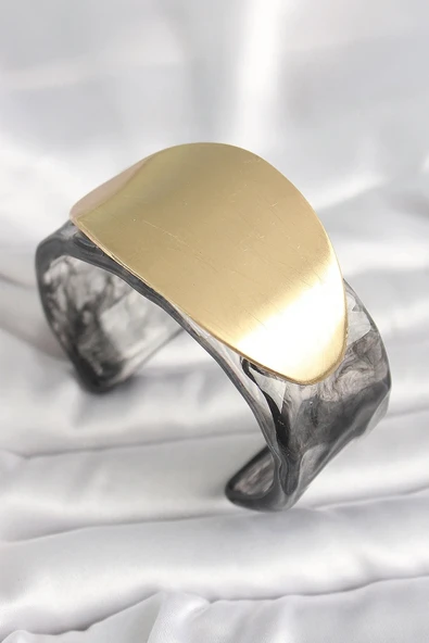 Siyah Mermer Desen Akrilik Plastik Gold Oval Plaka Model Vintage Kadın Bilezik ürün görseli 1