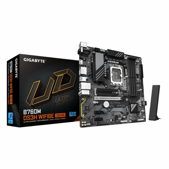 Gigabyte B760M DS3H WiFi6E Gen5 DDR5 (7600MHz)OC M.2 HDMI/DP/USB-C PCIe 5.0 1700P mATX Anakart ürün görseli 1