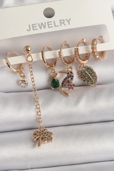 Pirinç Gold Renk Sallantı Zirkon Taşlı Ağaç Figür Kadın Küpe Seti ürün görseli 1