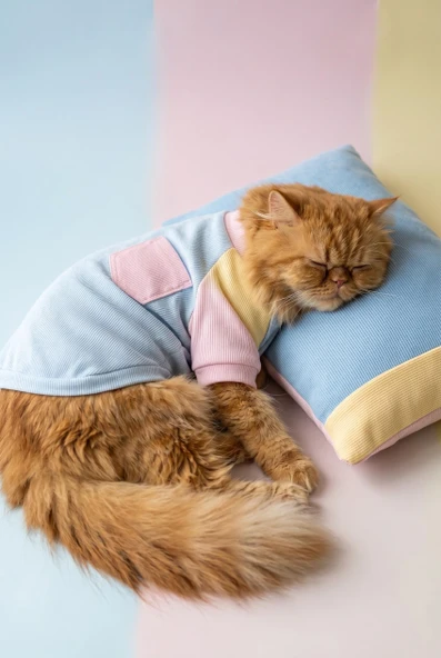 Bubbles Pastel Kedi Uyku Takımı | Mini Yastıklı Şeker Renkli Yazlık Kedi Pijama Seti ürün görseli 1