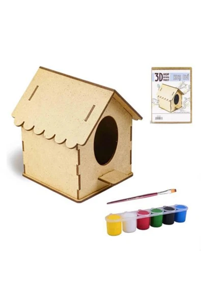 Hobialem Ahşap Maket Kuş Evi, Akrilik Boya Ve Fırça Seti, 3d Maket, Puzzle, Ahşap Boyama Seti ürün görseli 1