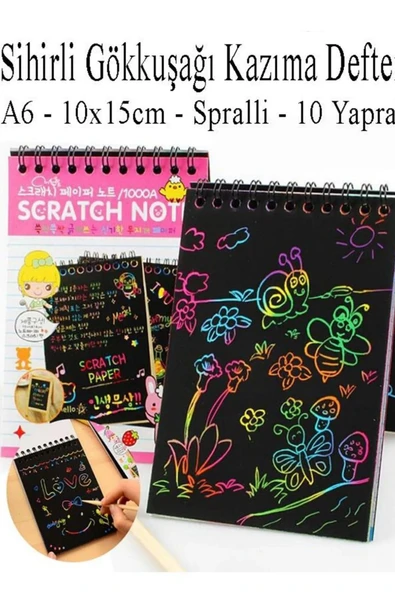 everart Sihirli Gökkuşağı Kazıma Defteri A6 10x15 cm 1 Paket 10 Sayfa Scratch Note Spralli Siyah Sihirli Res ürün görseli 1