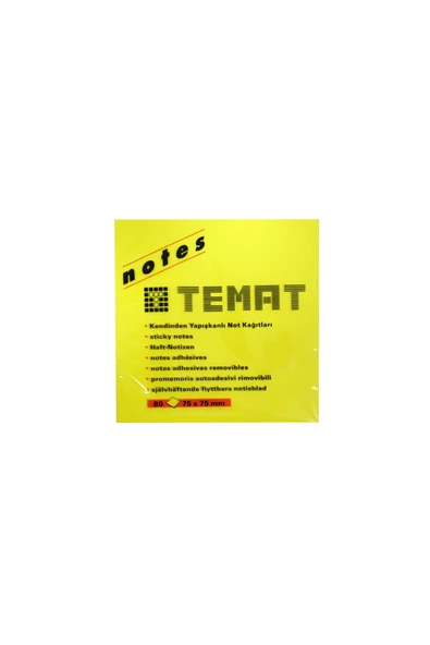 Temat Yapışkanlı Not Kağıdı 75x75mm Fosforlu Sarı 80yp ürün görseli 1