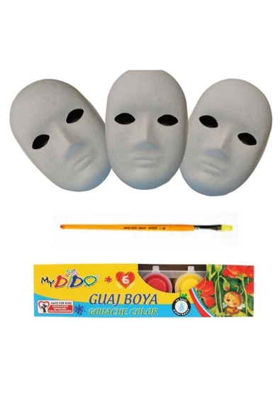 Südor Maske Boyama Seti-3 Adet Karton Maske-6 Renk Guaj Boya Seti Yuvarlak Uç Fırça ürün görseli 1