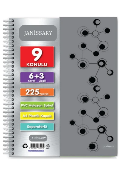 Janissary 6 3 Bölümlü 225yaprak A4 Sipralli Ayraçlı Defter 6 Kareli 3 Çizgili Çoklu Defter ürün görseli 1
