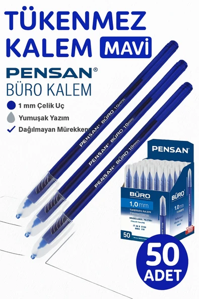 ANI OFİS KIRTASİYE A K Tükenmez Kalem Mavi 1.0 mm 50'li Ekonomik Paket | Büro Tipi Yazım Kalem Dağılmayan Mürekkep Çelik Uç ürün görseli 1