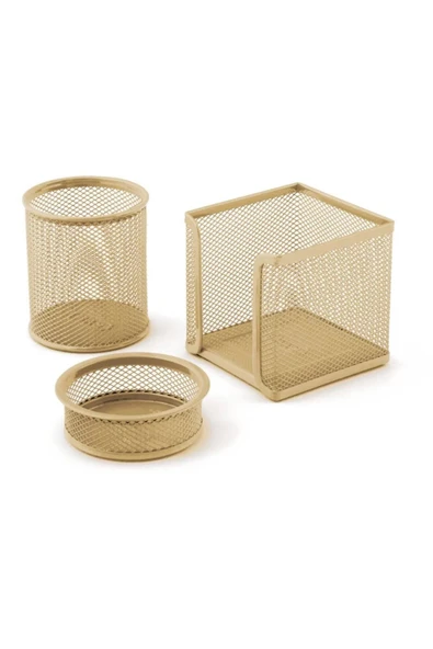 Mas Perfore A Üstü Metal Üçlü Set Kalemlik Ataşlık Küp Blok Desk Organizer Gold ürün görseli 1