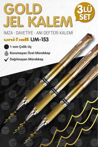 t tuğset etiket Uni-ball Um-153 Signo Broad Roller Kalem Gold 3 Adet 1.0 Mm Davetiye Kalemi /gold Yazan Davetiye An ürün görseli 1