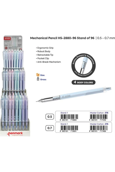 penmark HS-2880-96-0.7 VERSATİL KALEM -4 GÖVDE RENK -0.7 GİZLİ UÇ ürün görseli 1