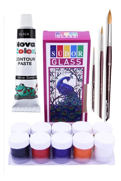 Artlantis Cam Boyası 10 Renk 15 ml ve Siyah Kontur Boyası 1 Paket Fırça 3 Adet Cam Vitray Boyama Seti Cam Boya ürün görseli 1