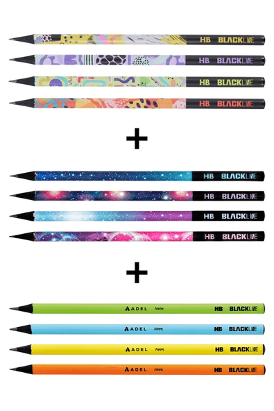 Adel Blackline Karışık Kurşun Kalem 12'li Set,Uzay Desenli,Neon,Mozaik Desenli Konsept Kurşun Kalemler ürün görseli 1