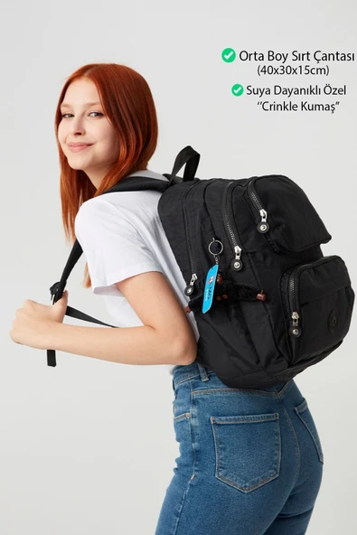 MORCA Dark Black Krinkıl Nemobags Unisex Suya Dayanıklı Siyah Klinkır Sırt Çantası Laptop Okul Çantası ürün görseli 1