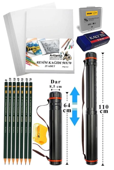 Artlantis Bozuka Proje Tüpü Silindir 1 Ad. 50x70 cm Resim Kağıdı 25 Ad. Dereceli Resim Kalemi Prof.baş. seti ürün görseli 1