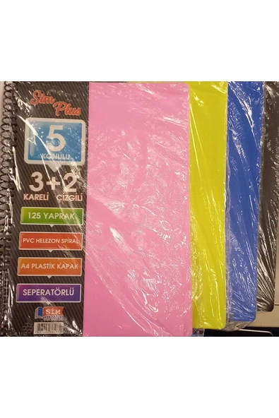 SİM 3 Kare+2 Çizgi Konulu (bölümlü, Kurs)plastik Kapak Spiralli 125 Yaprak Defter ürün görseli 1