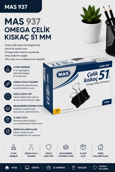 Mas 937 Çelik Kıskaç 51 mm 12 Adet - Siyah ürün görseli 1