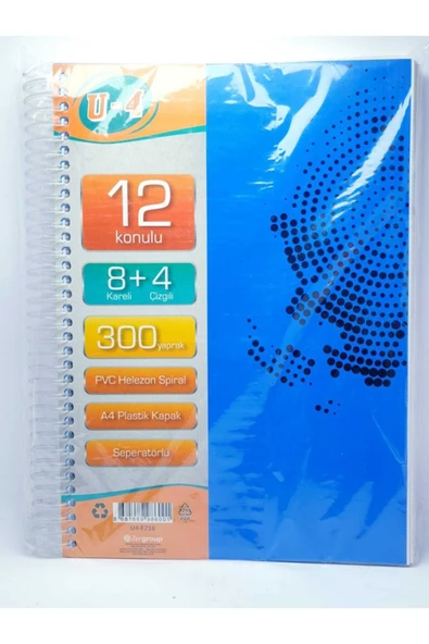 Zersan U4 8+4 Bölümlü 300 Yaprak A4 Sipralli Ayraçlı Defter 8 Kareli 4 Çizgili Çoklu Defter ürün görseli 1