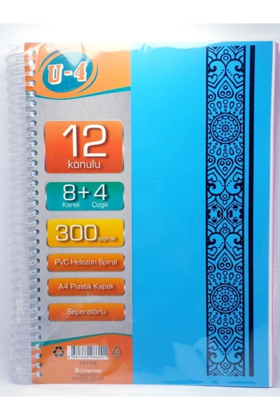 Zersan U4 8+4 Bölümlü 300 Yaprak A4 Sipralli Ayraçlı Defter 8 Kareli 4 Çizgili Çoklu Defter ürün görseli 1