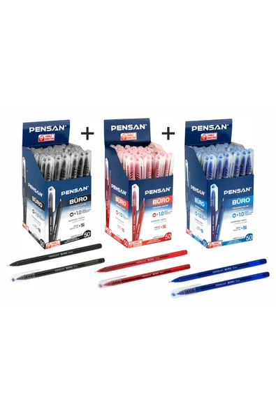 Pensan Büro Tükenmez Kalem 1 mm Kırmızı - Mavi - Siyah (3 Paket) 150 Adet ürün görseli 1