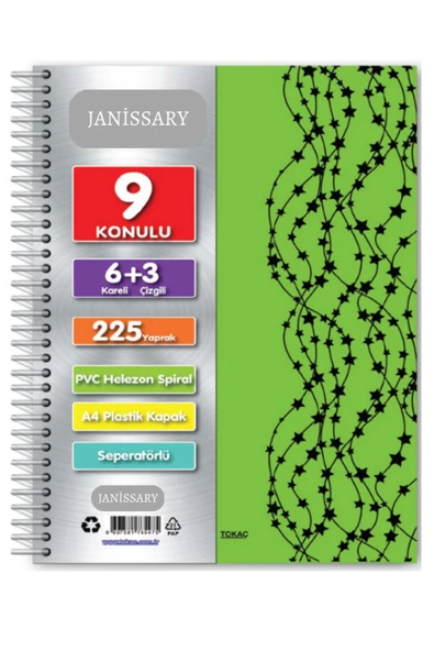 Janissary 6 3 Bölümlü 225yaprak A4 Sipralli Ayraçlı Defter 6 Kareli 3 Çizgili Çoklu Defter ürün görseli 1