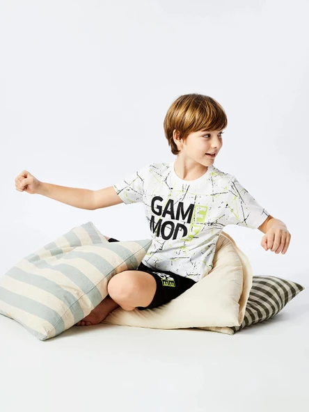 LCW Kids Beyaz Bisiklet Yaka Erkek Çocuk Şortlu Pijama Takımı ürün görseli 1