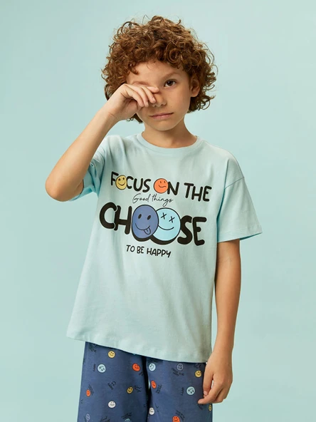 LCW Kids Mavi Bisiklet Yaka Baskılı Erkek Çocuk Şortlu Pijama Takımı ürün görseli 1