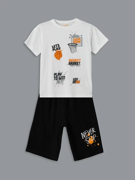 LCW Kids Beyaz Bisiklet Yaka Erkek Çocuk Şortlu Pijama Takımı ürün görseli 1