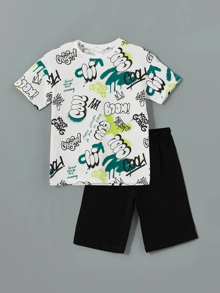 LCW Kids Beyaz Bisiklet Yaka Erkek Çocuk Şortlu Pijama Takımı ürün görseli 1