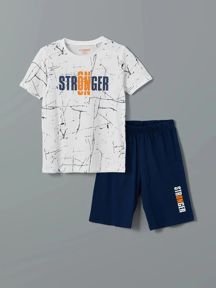 LCW Kids Beyaz Bisiklet Yaka Erkek Çocuk Şortlu Pijama Takımı ürün görseli 1