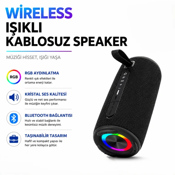 B37 Taşınabilir Güçlü Bluetooth Hoparlör Güçlü Bass ve Renkli Aydınlatma Bir Arada Müziği Hisset, Işığı Yaşa ürün görseli 1