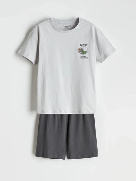 LCW Kids Gri Bisiklet Yaka Dinozor Baskılı Erkek Çocuk Şortlu Pijama Takımı ürün görseli 1