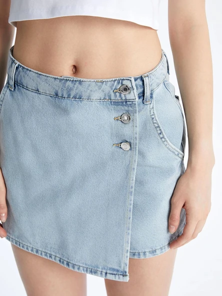 XSIDE Mavi Dar Fit Mini Jean Şort Etek - Resim 5