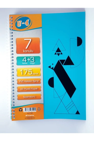 Tokaç U4 4+3 Bölümlü 175 Yaprak A4 Sipralli Ayraçlı Defter Sert Kapak 4 Kareli 3 Çizgili Çoklu Defter ürün görseli 1